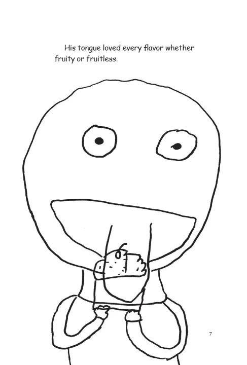 A boy licking a cupcake. His head is simply drawn, a circle with a half moon mouth.