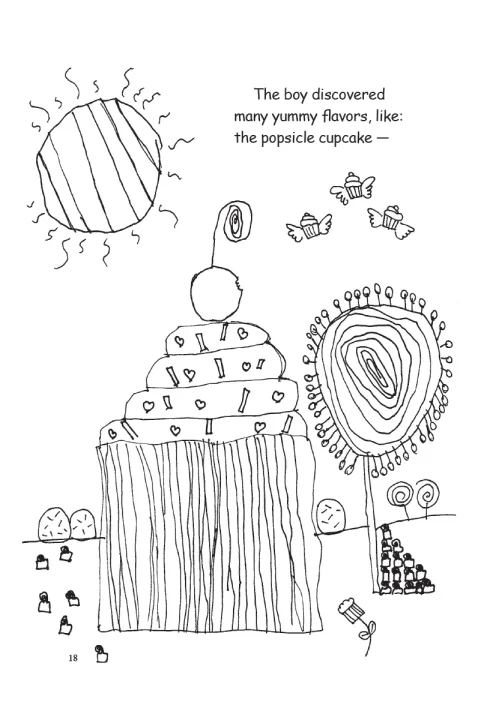 A delicately drawn cupcake with little flying cupcakes in the sky.