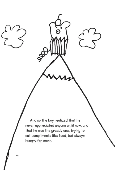 A boy symbolized by a pig-shaped cupcake stands alone on the mountain top.
