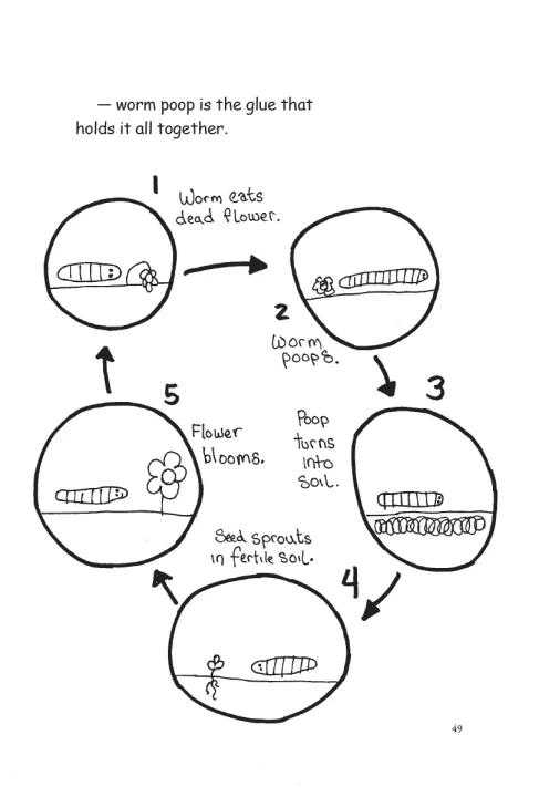 Illustration reads: Step 1) Worm eats dead flower. 2) Worm poops. 3) Poop turns into soil. 4) Seed sprouts in fertile soil. 5) Flower blooms. Repeat.