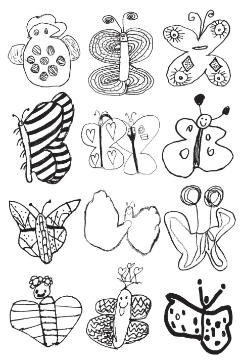 A collage of hand drawn illustrations of butterflies. One student traced his hands as the wings of one butterfly.