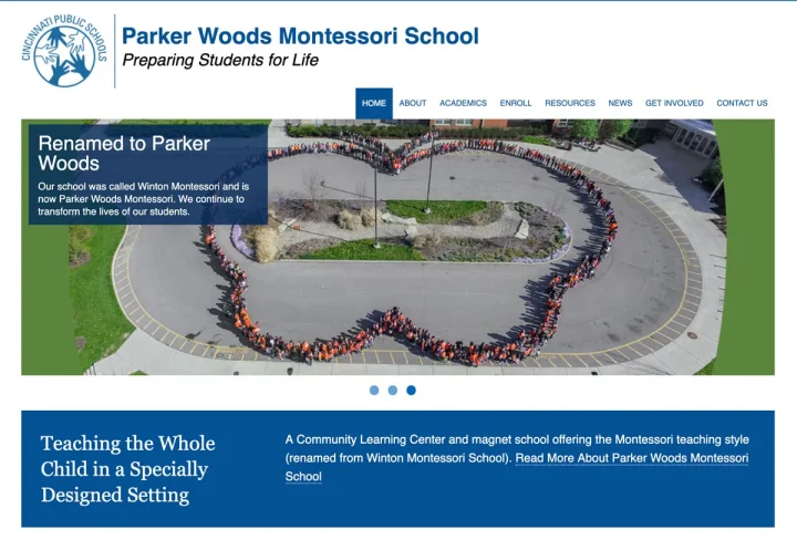Parker Woods Montessori Elementary School website screenshot featuring Scott's photo